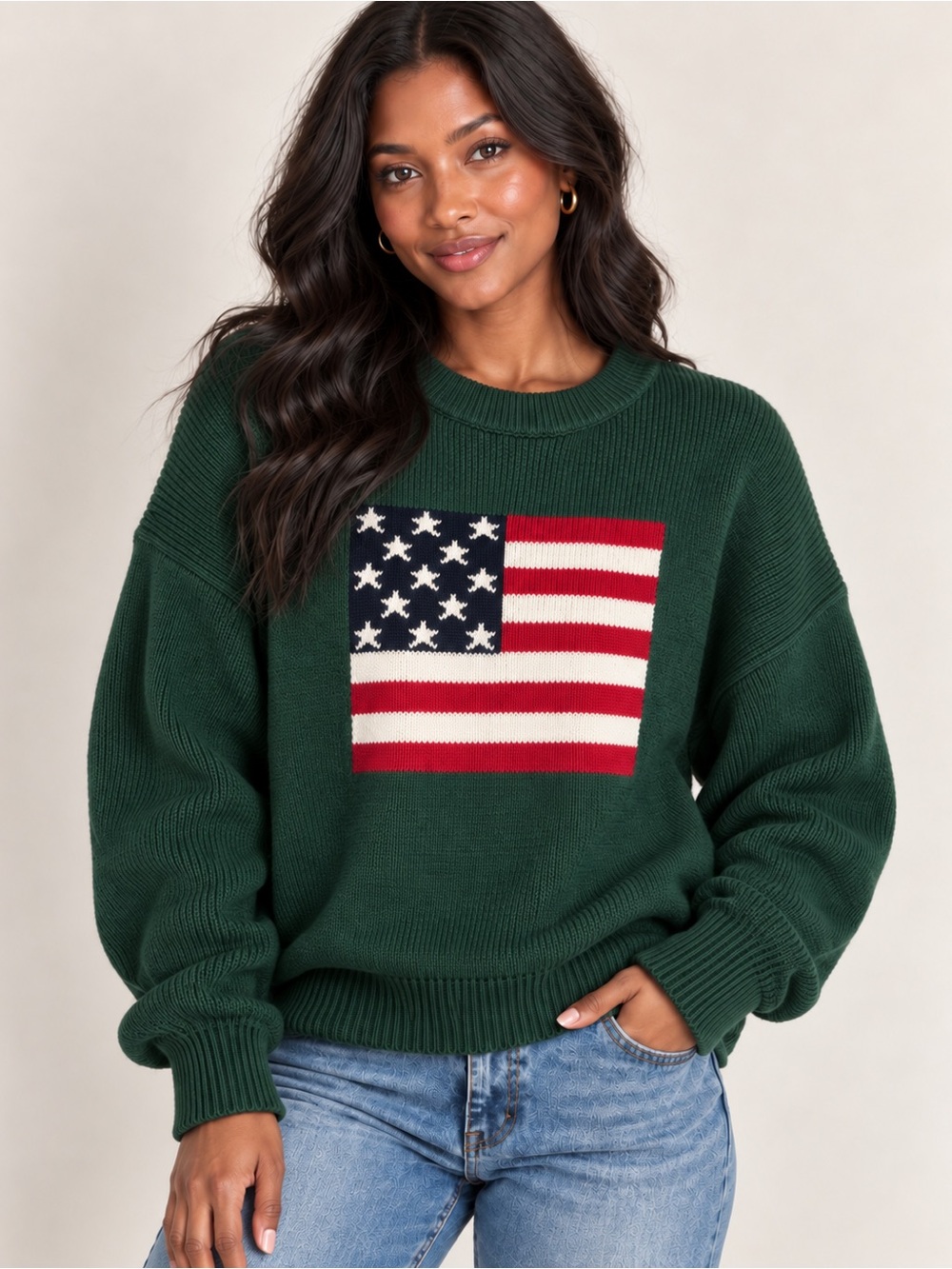 Zenana American Flag Knit Sweater – Dark Green 🇺🇸